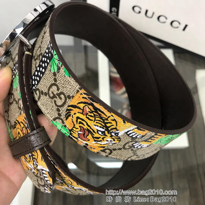 GUCCI古馳 官網經典 原單品質 對版孟加拉虎面料 咖啡色牛皮底 雙G拋光亮面扣 男士皮帶  xfp1450